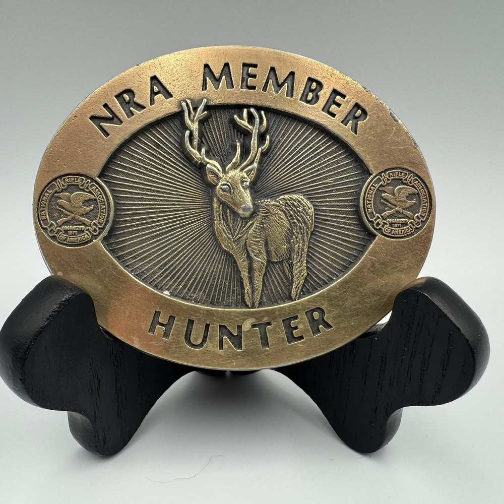 Vintage NRA Member Hunter Belt Buckle Brass Tone Deer Buck Wildlife Logo Oval
